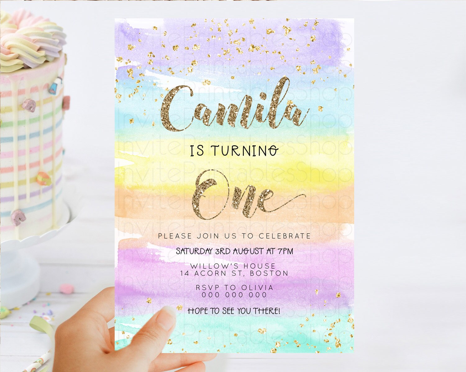 Editable Rainbow Birthday Invitation Colorful Pastel Watercolor Invitation G