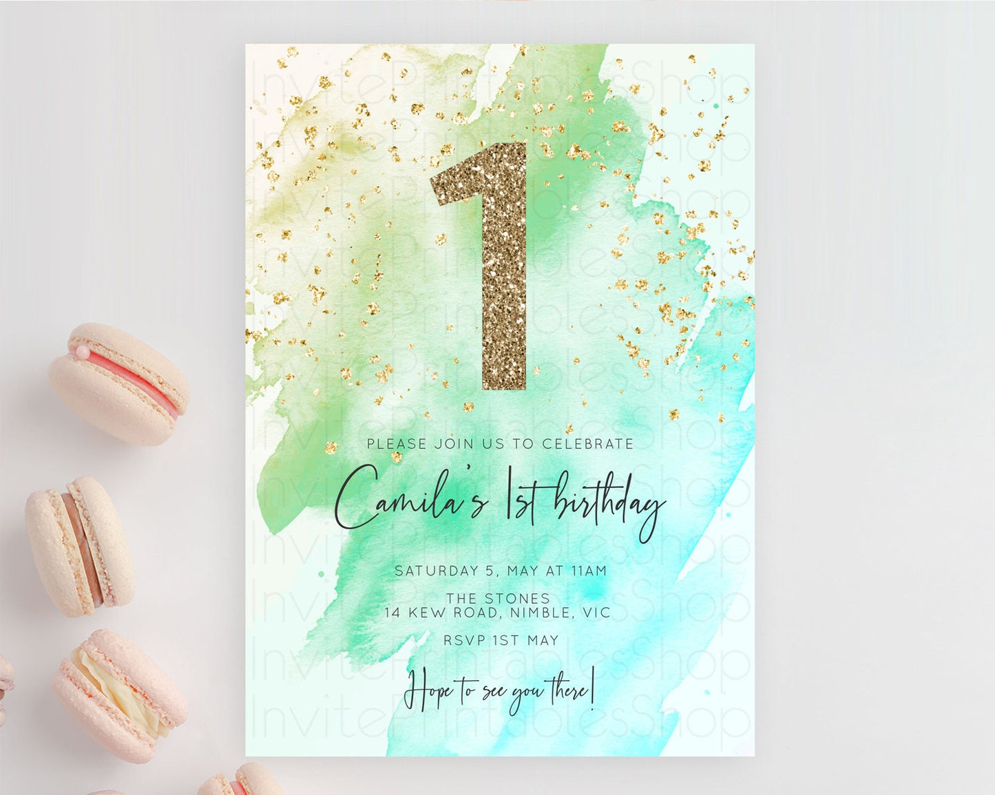 Green Birthday Invitation green Watercolor Invitation Pastel green Watercolor Invitation green Splash Gold Invitation First Birthday D10170