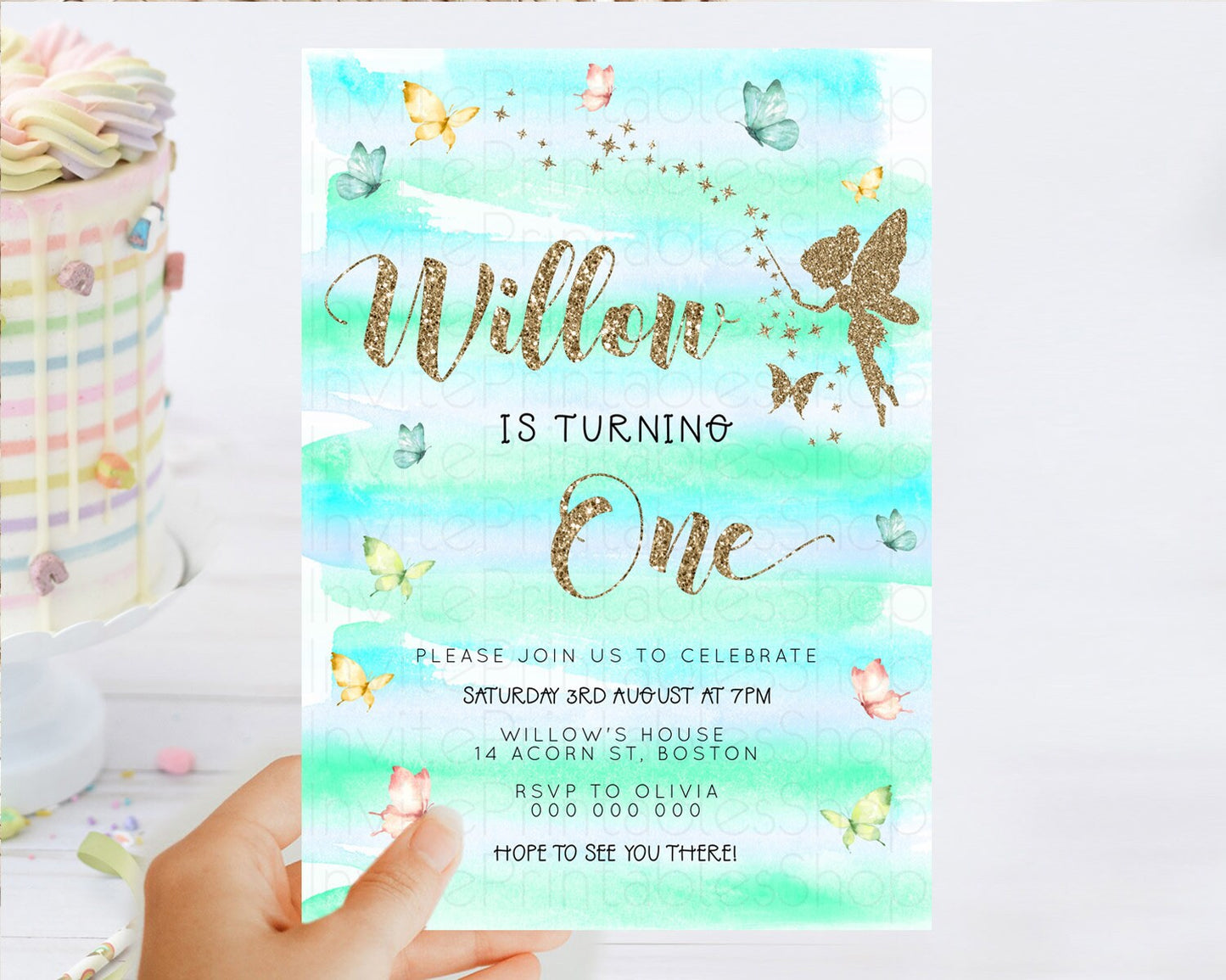 Pastel Fairy Birthday Invitation Pastel Butterflies Fairy Birthday Invitation Rainbow Ombre Watercolor 1st 2nd Birthday Invitation D23314