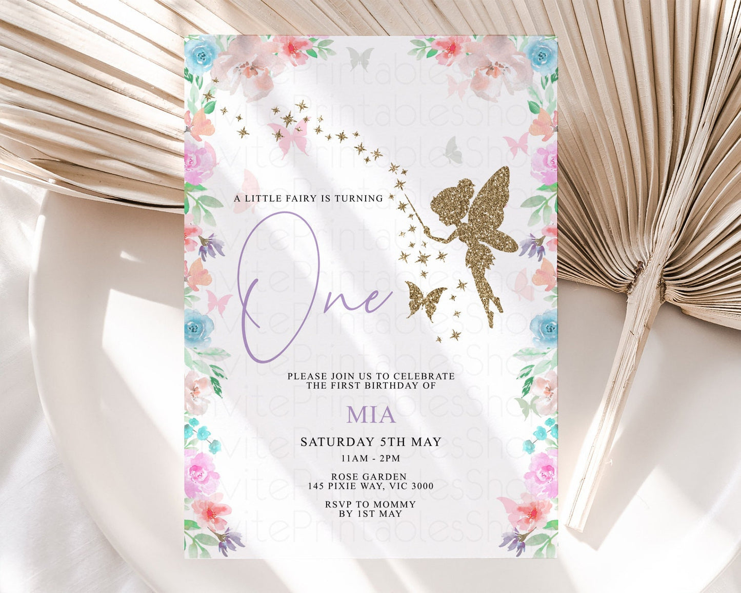 Fairy Birthday Invitation Glitter Fairy Invite Enchanted Garden Fairy Invite Pastel Floral Invite Butterfly Garden Invite 1st 2nd P113