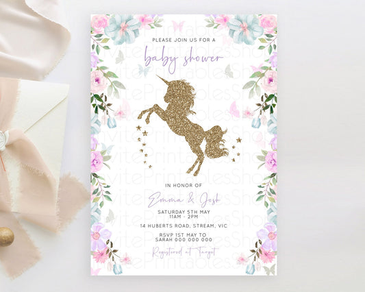 Editable Unicorn Garden Baby Shower Invitation Pastel Floral Unicorn invitat