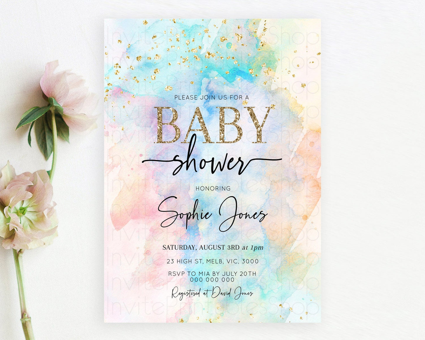 Pastel Baby Shower Invitation Rainbow Baby Shower Invitation Colorful Pastel Watercolor Invitation Gold Glitter Sprinkles Ombre D10260