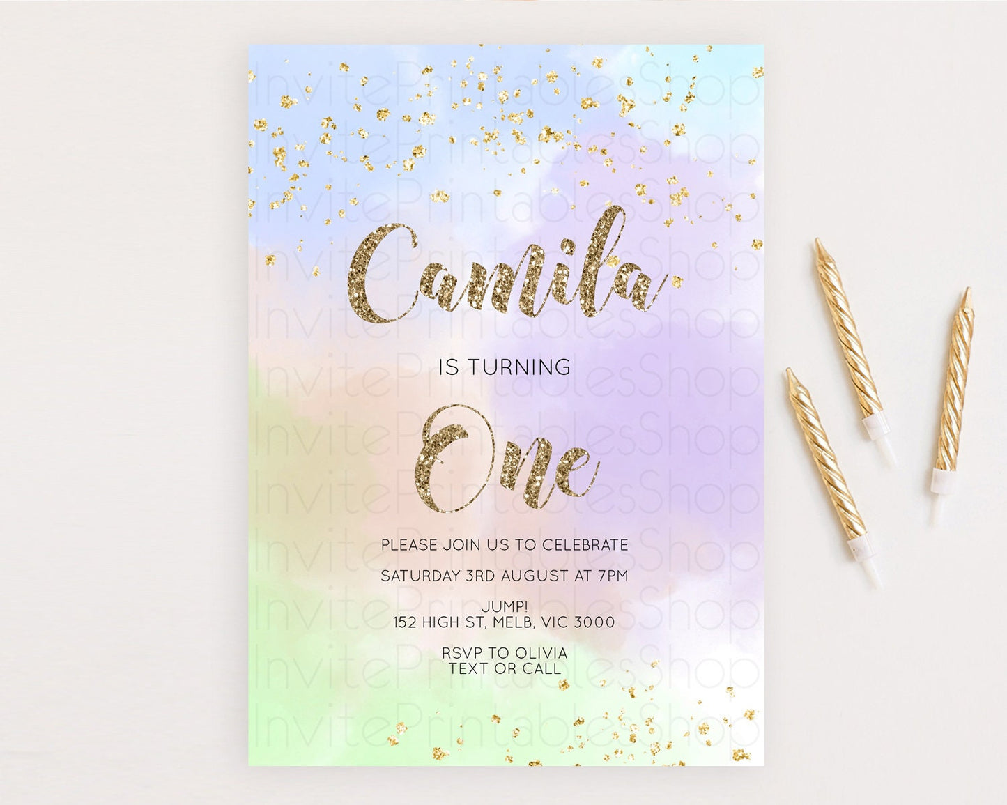 Rainbow Birthday Invitation Colorful Pastel Watercolor Invitation Gold Glitter Sprinkles Ombre Pastel 1st 2nd 3rd Birthday D10372