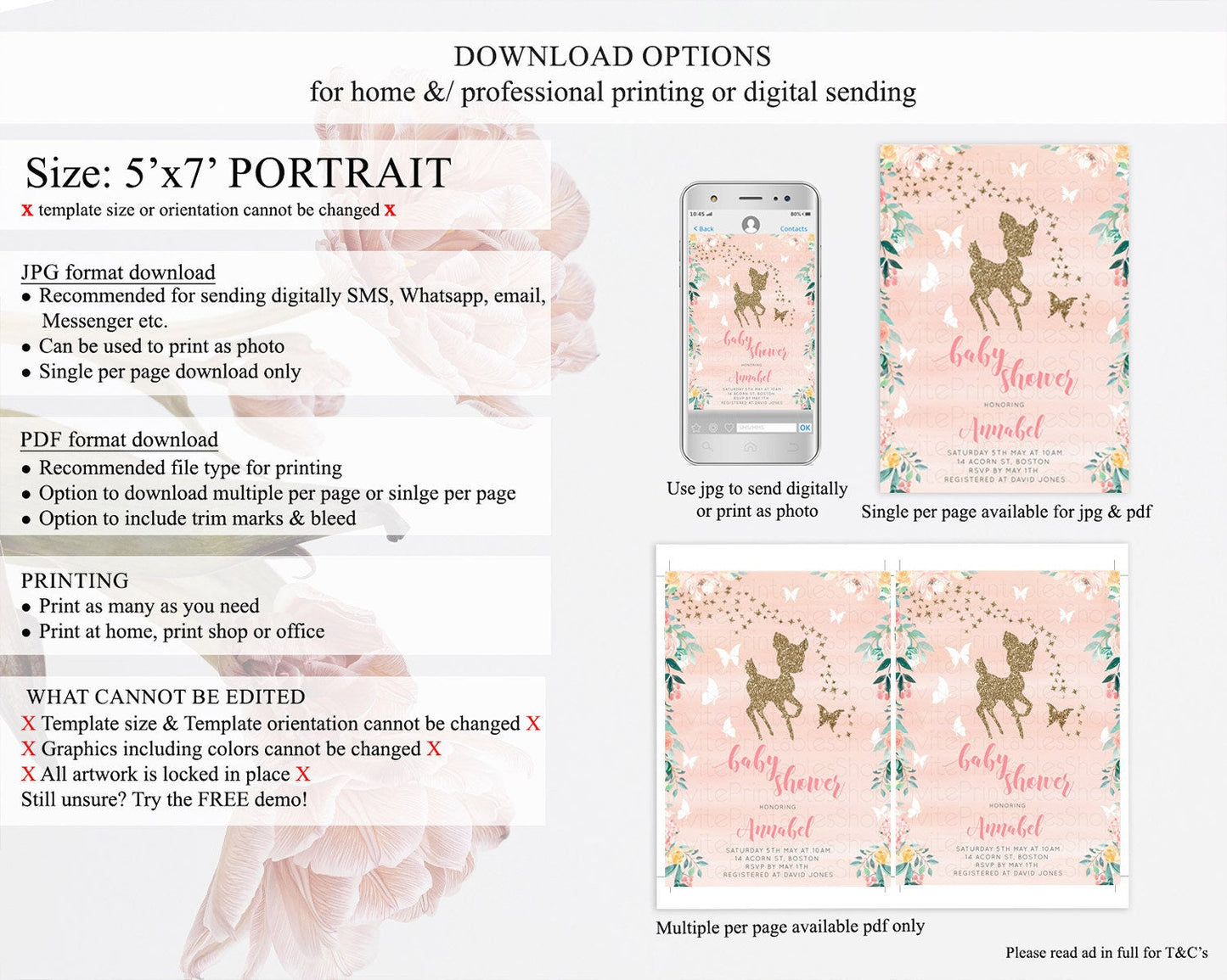 Fawn Baby Shower Invitation, Enchanted Forest, Deer, Whimsical Butterfly, Pastel Flowers, Orange Watercolor, Glitter, Magical Accents D10873