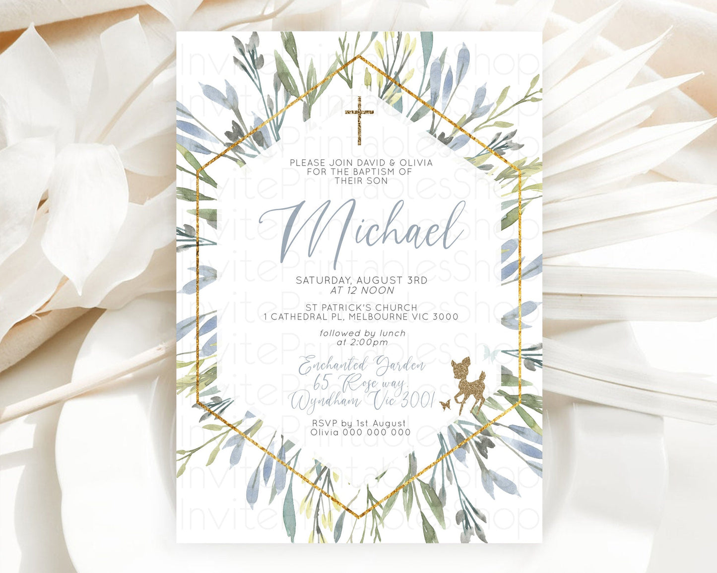 Fawn Baptism Invitation Deer Baptism 1st Birthday Invitation Enchanted Forest Christening Invitation Pastel Garden Butterfly Floral D10534