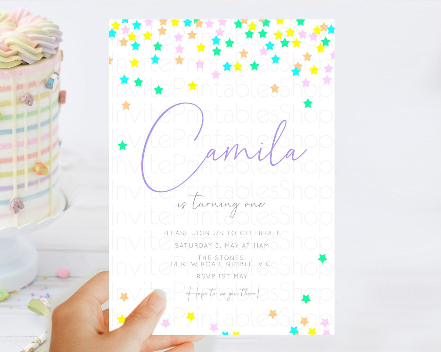 Star Birthday Invitation Pastel Stars Invite Shooting Star Party Rainbow Colorful Confetti Twinkle Little Star 2nd First Birthday D10394