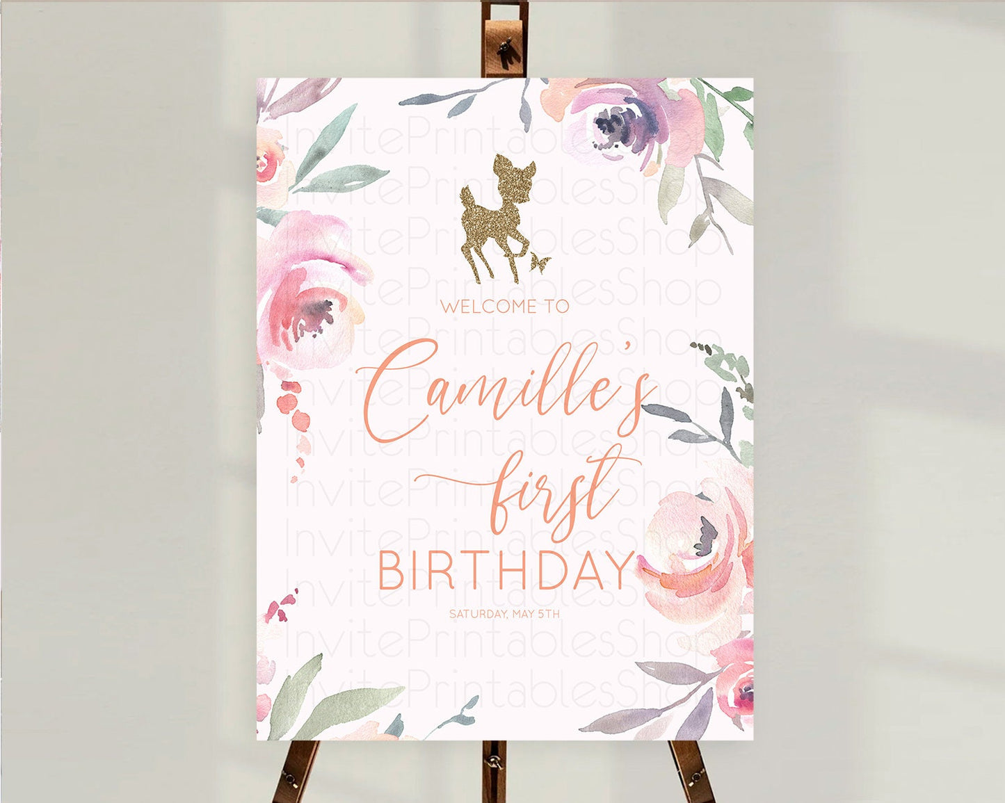 Fawn Welcome Sign Deer Welcome Board Floral Deer Welcome Poster Enchanted Forest Butterfly Pastel Floral First Birthday Welcome Sign D10196