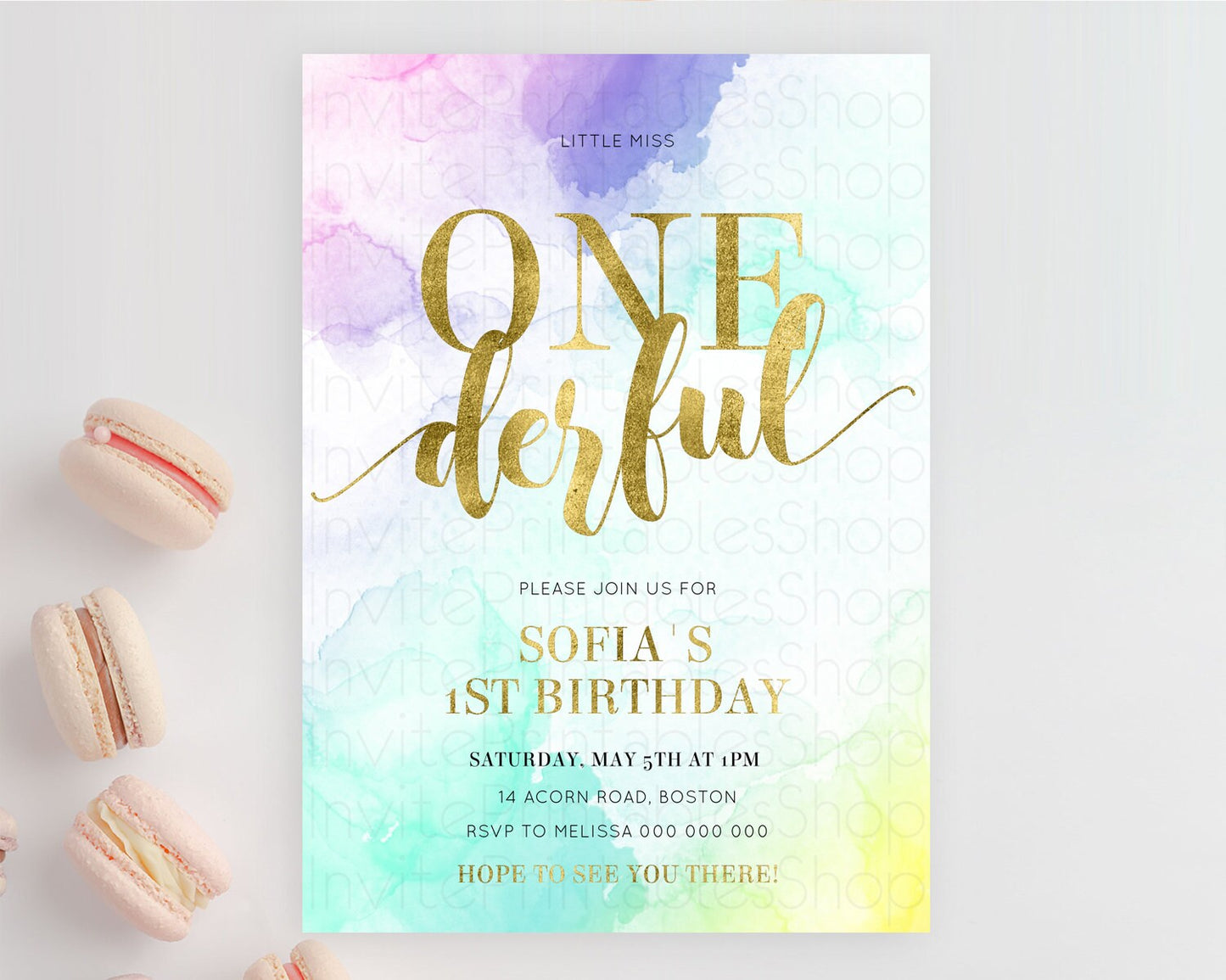 ONEderful Rainbow Birthday Invitation Colorful Pastel Watercolor Invitation Gold Glitter Sprinkles Ombre Pastel 1st Birthday D11024