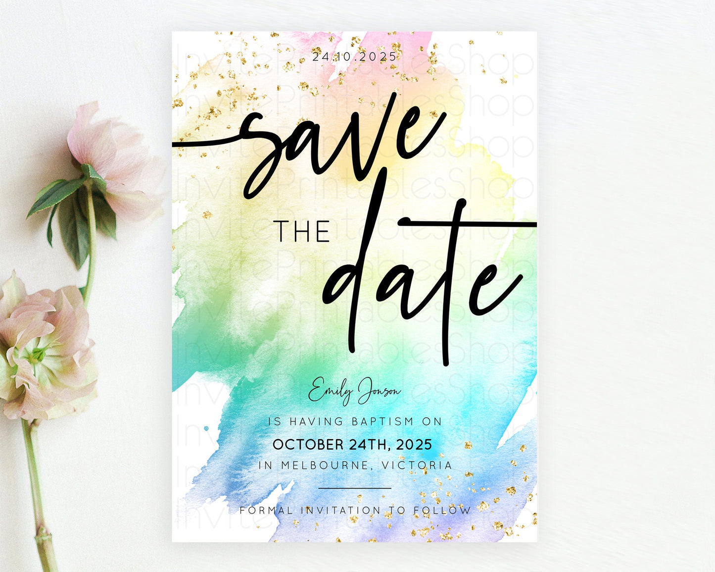 Pastel Save The Date Template Pastel Ombre Rainbow Watercolor Colorful Party For Birthday Baptism Baby Shower Wedding Bridal Shower D10256