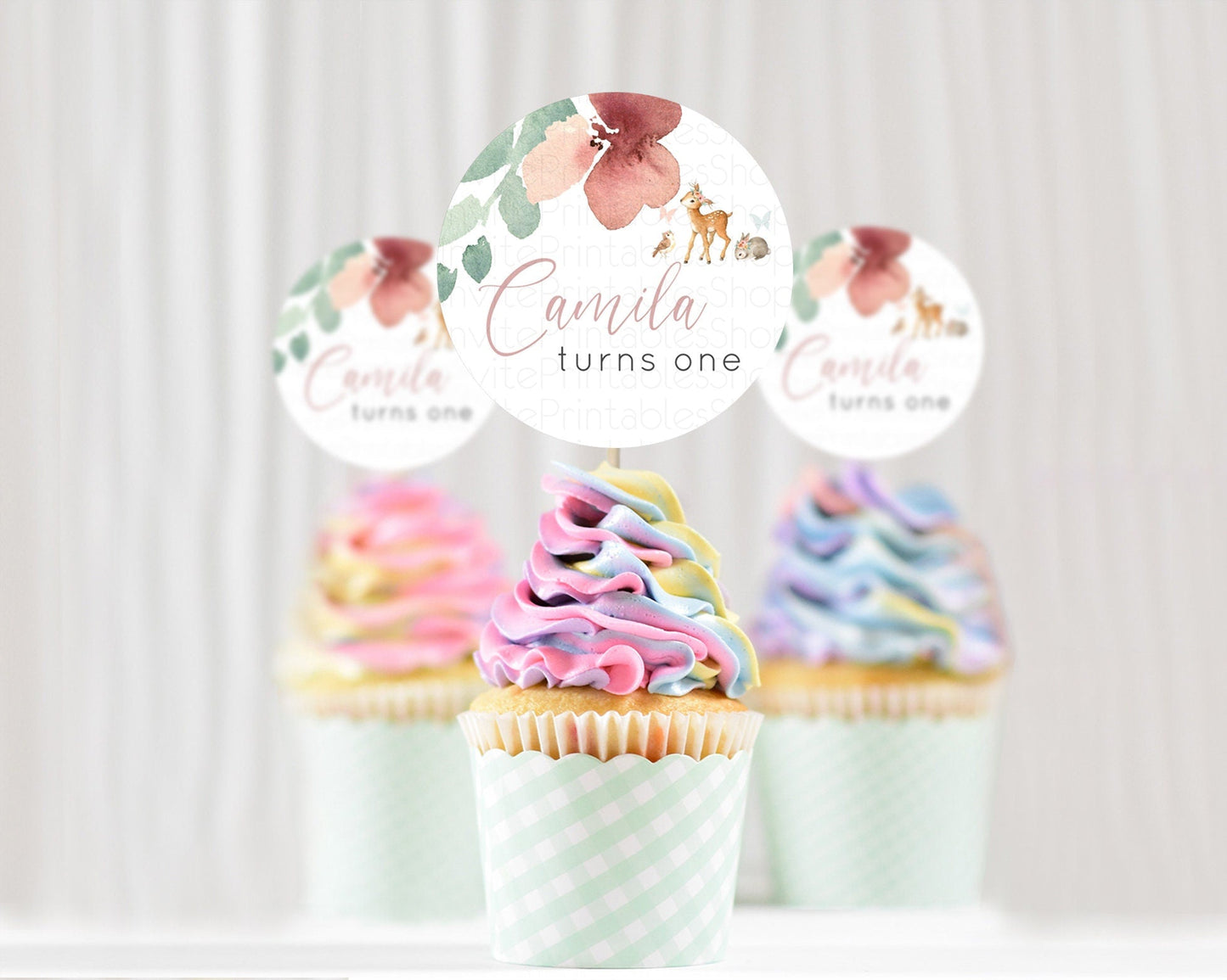 Fawn Cupcake Toppers Deer Cupcake Toppers Enchanted Forest Party Butterfly Pastel Flowers Woofland Cupcake Toppers First Birthday D10913