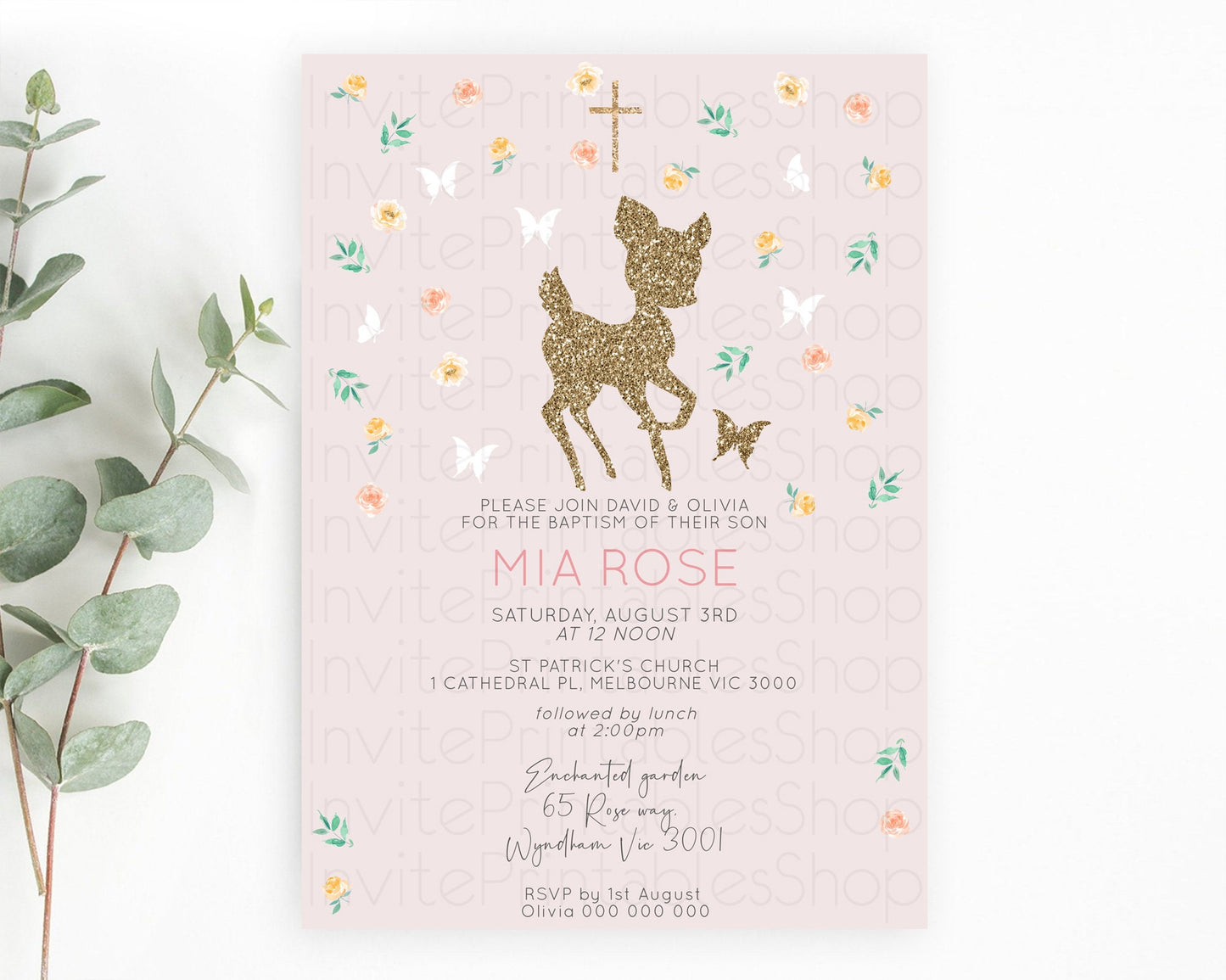 Fawn Baptism Invitation Deer Baptism 1st Birthday Invitation Enchanted Forest Christening Invitation Pastel Garden Butterfly Floral D10386