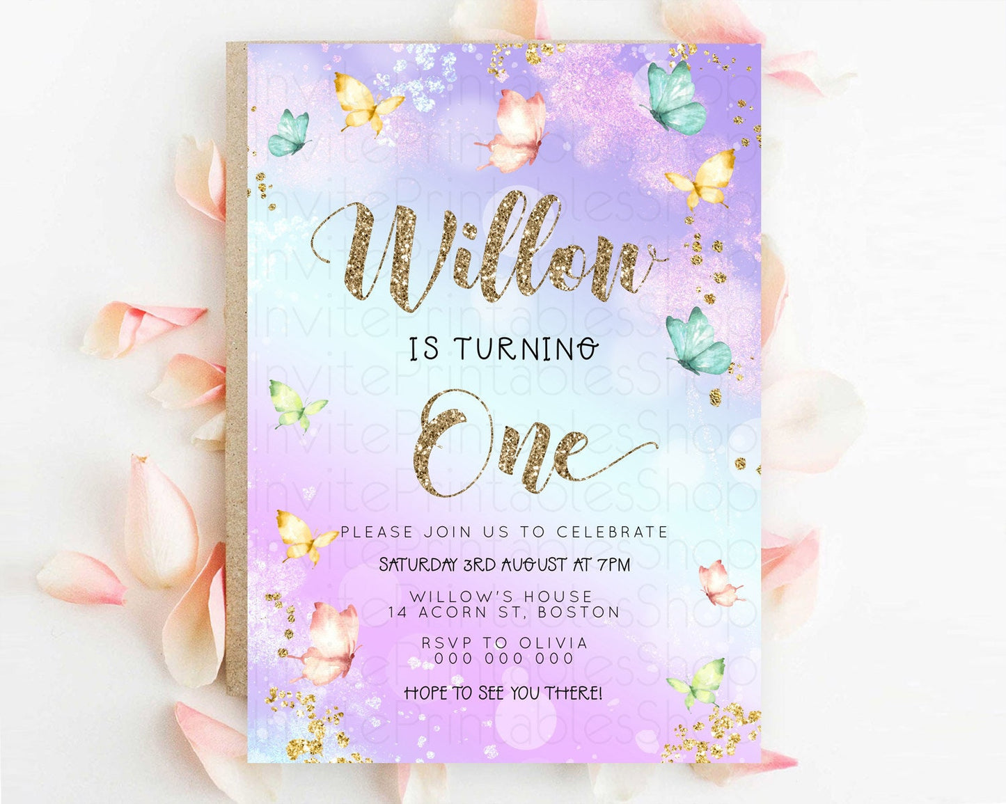 Pastel Butterfly Birthday Invitation Butterfly Birthday Invitation Colorful Splash Glitter Butterfly Garden 1st 2nd Birthday D23094