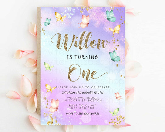 Pastel Butterfly Birthday Invitation Butterfly Birthday Invitation Colorful Splash Glitter Butterfly Garden 1st 2nd Birthday D23094