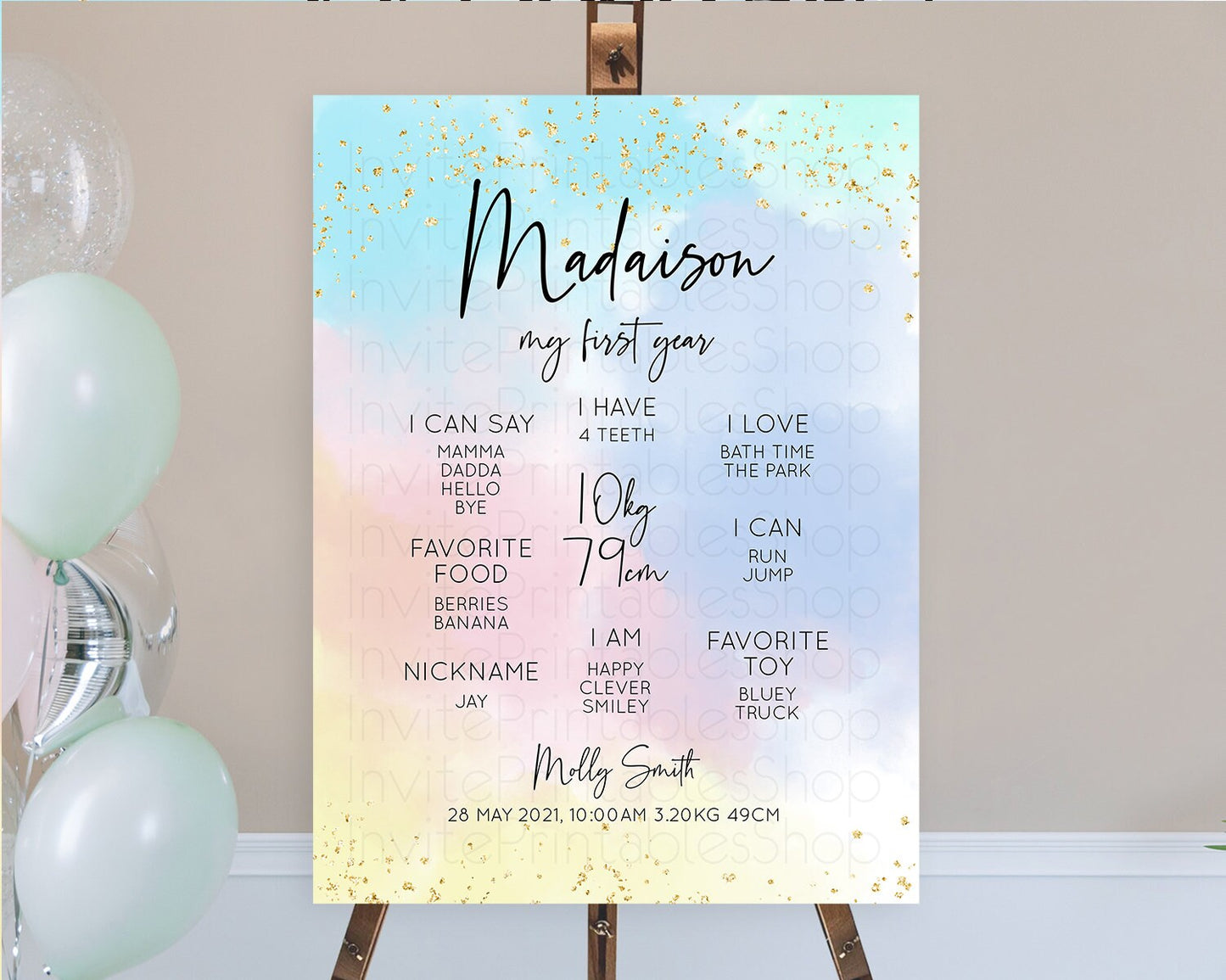 Pastel First Birthday Milestone Board Pastel Rainbow Milestone Poster Colorful Confetti Watercolor Glitter 1st Birthday Welcome Sign D10368