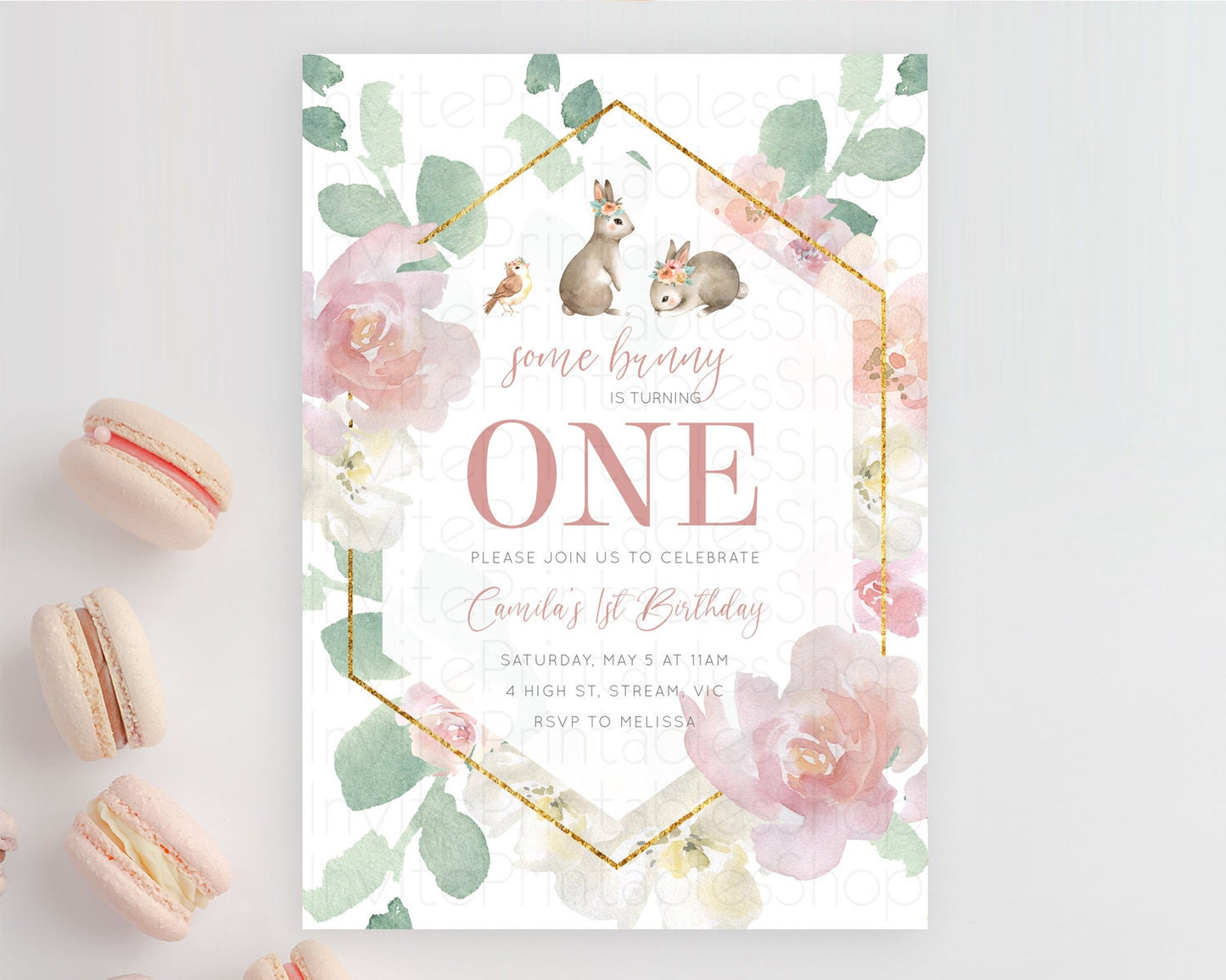 Bunny Birthday Invitation Floral Bunny Invitation Pastel Bunny Invites Pastel Watercolor Woodland Bunny Party 2nd 1st First Birthday D11034