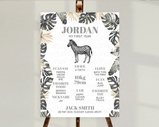 Zebra First Birthday Milestone Board Zebra Milestone Poster Zebra Decor Safari Adventure Zebra First Birthday Welcome Sign D10824