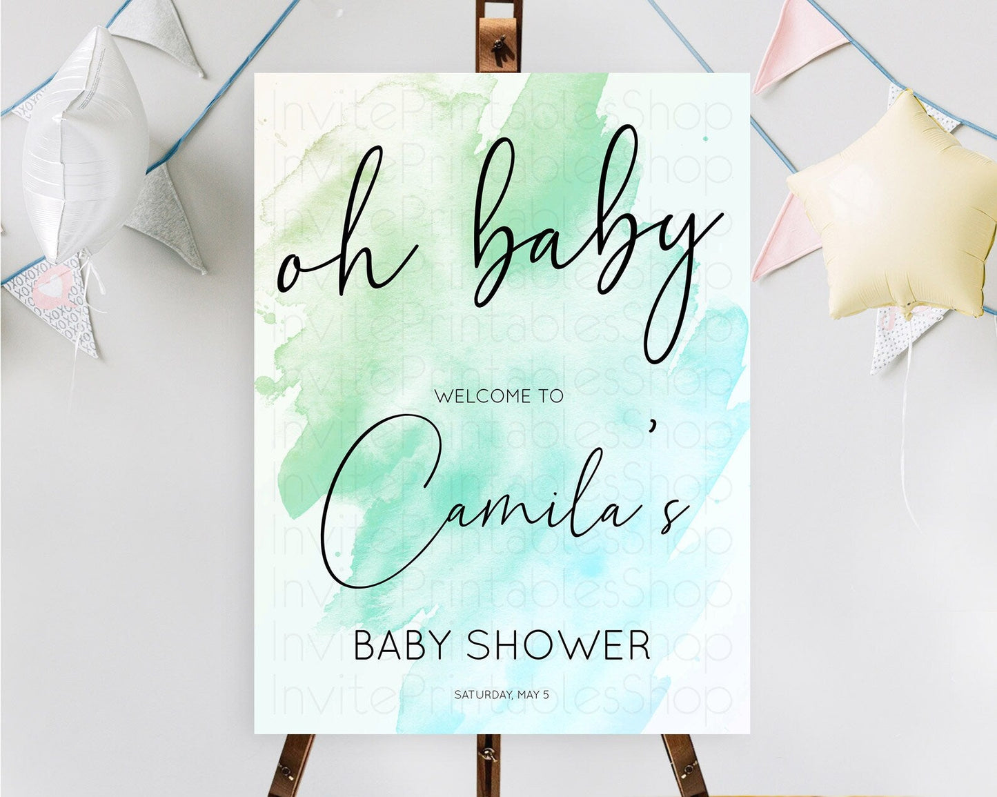 Green Baby Shower Welcome Sign Green Watercolor Welcome Board Pastel Green Party Decor Splash Welcome Poster Green Welcome Board D10166