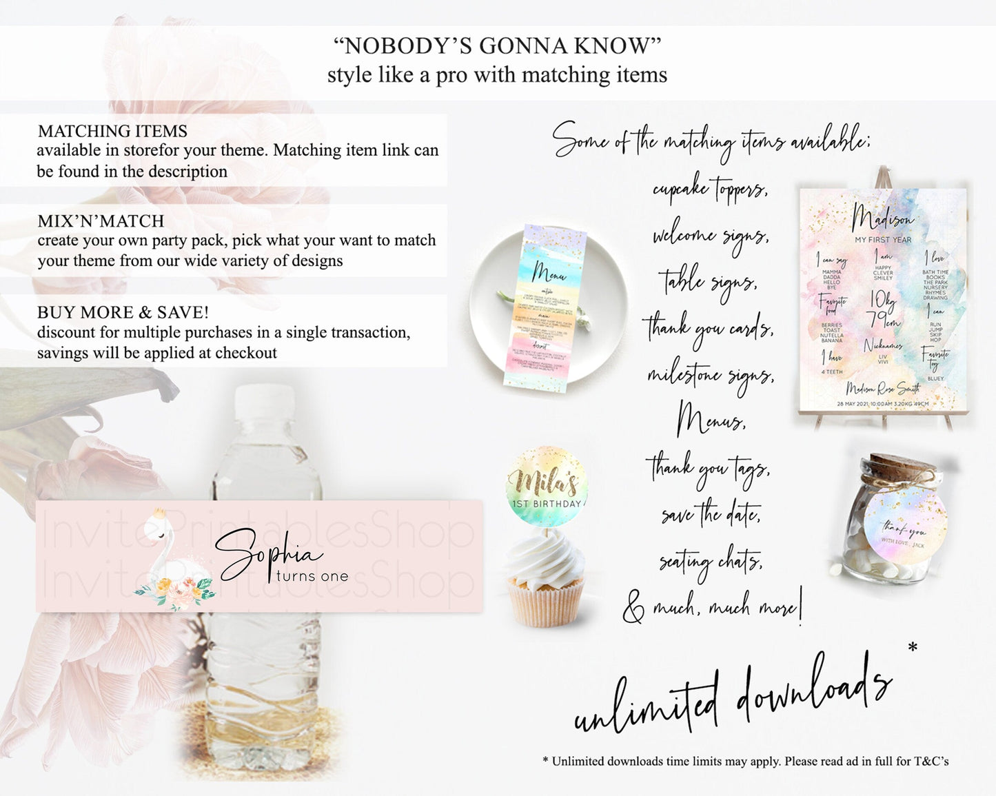 Swan Water Label Template Swan Princess Ballet Party Decor Enchanted Secret Garden Pastel Floral Birthday Baptism Baby Shower D10388