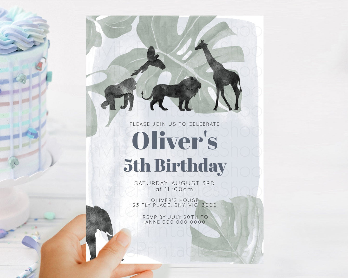 Safari Birthday Invitation Lion Gorilla Elephant Rhino Tropical Palm Jungle Safari Adventure Zoo Party Animal 2nd 1st First Birthday D10203