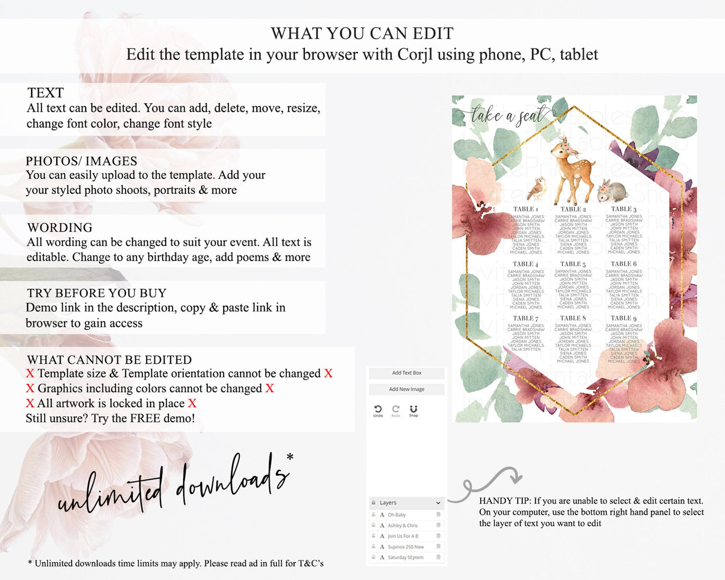 Fawn Seating Chart Deer Seating Chart Enchanted Forest Party Butterfly Pastel Flowers Whimsical Seating Chart Woodland Seating Sign D10913