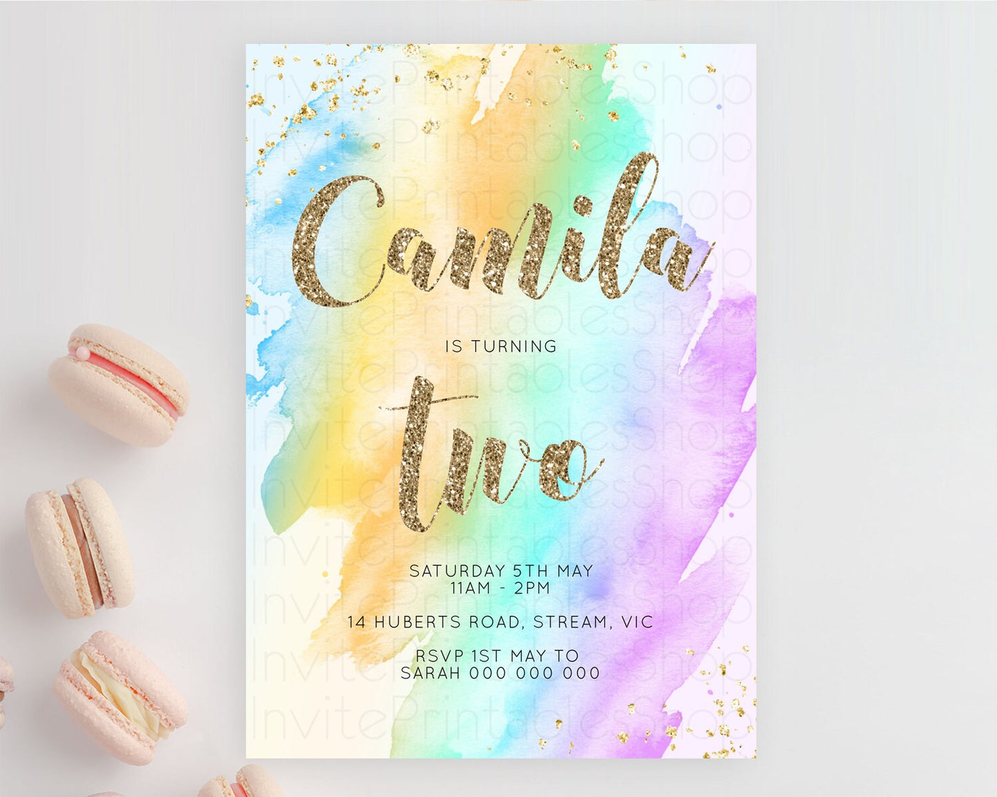 Editable Rainbow Birthday Invitation Colorful Pastel Watercolor Invitation G