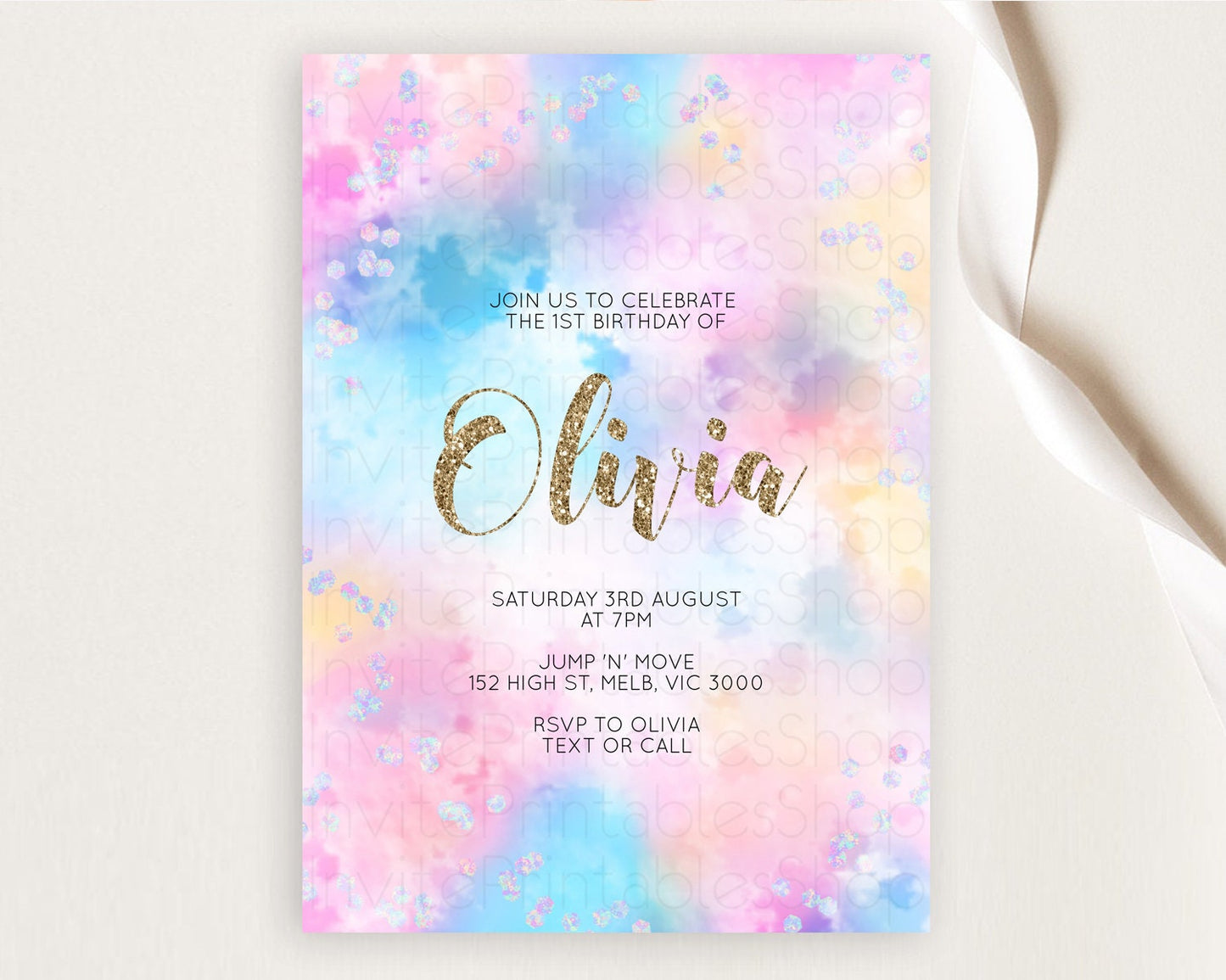 Rainbow Birthday Invitation Colorful Pastel Watercolor Invitation Gold Glitter Sprinkles Ombre Pastel 1st 2nd 3rd Birthday D10608