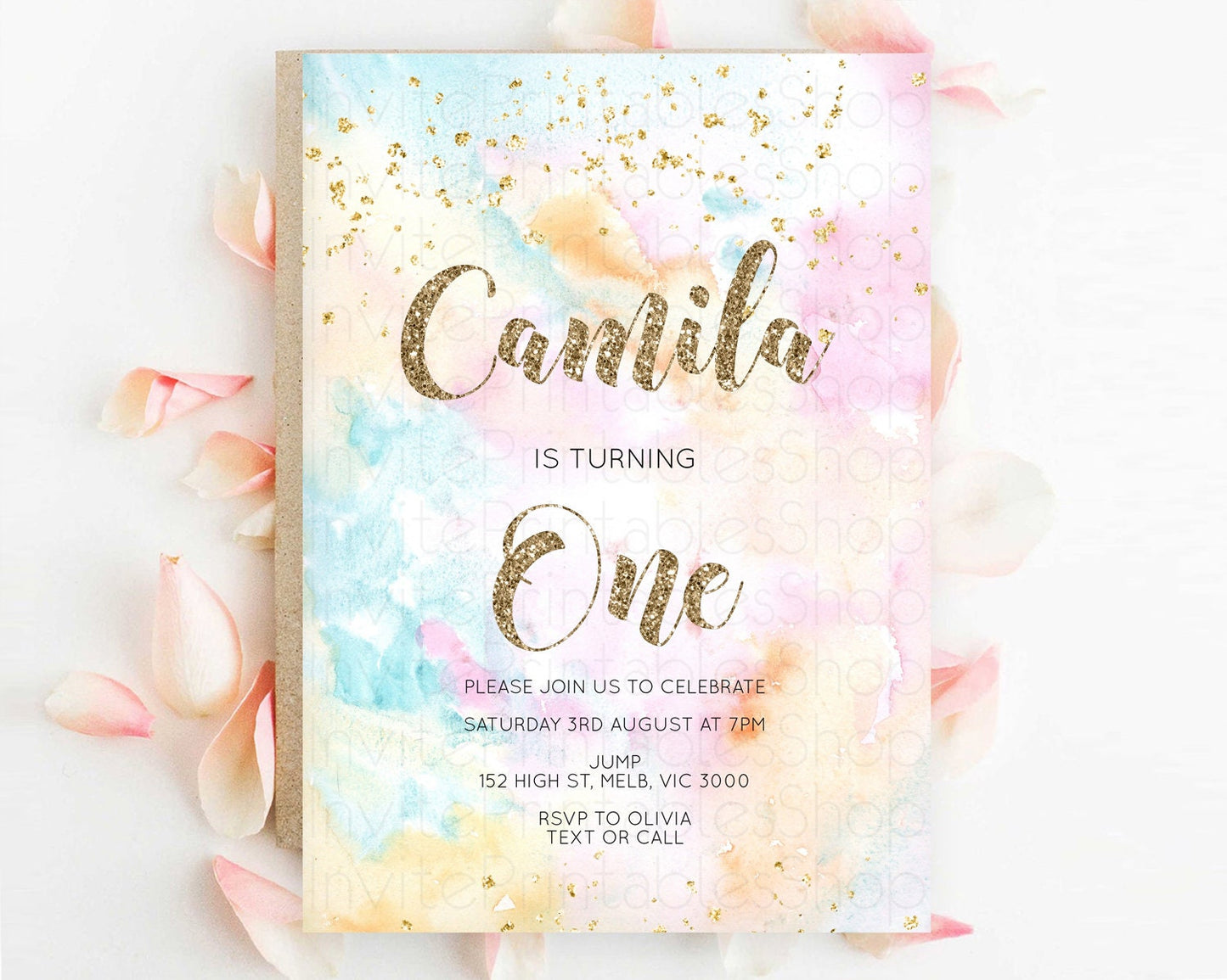 Rainbow Birthday Invitation Colorful Pastel Watercolor Invitation Gold Glitter Sprinkles Ombre Pastel 1st 2nd 3rd Birthday D10548