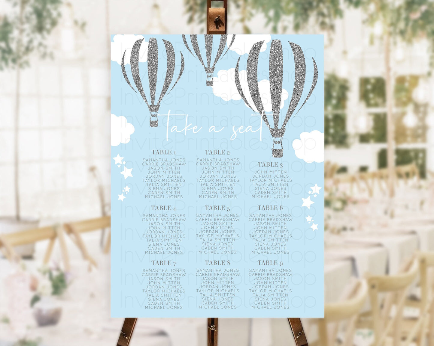 Hot Air Balloon Seating Chart Hot Air Balloon Seating Chart Adventure Awaits Up & Away Glitter Blue Watercolor Seating Take a Seat D10335