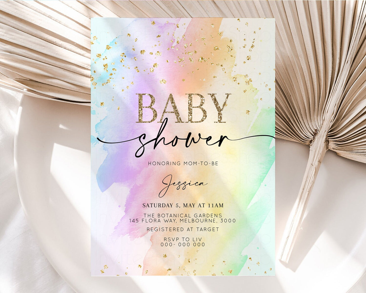 Rainbow Baby Shower Invitation Pastel Baby Shower Invitation Watercolor Ombre Invitation Rainbow Pastel Colors Invite Glitter Confetti t602