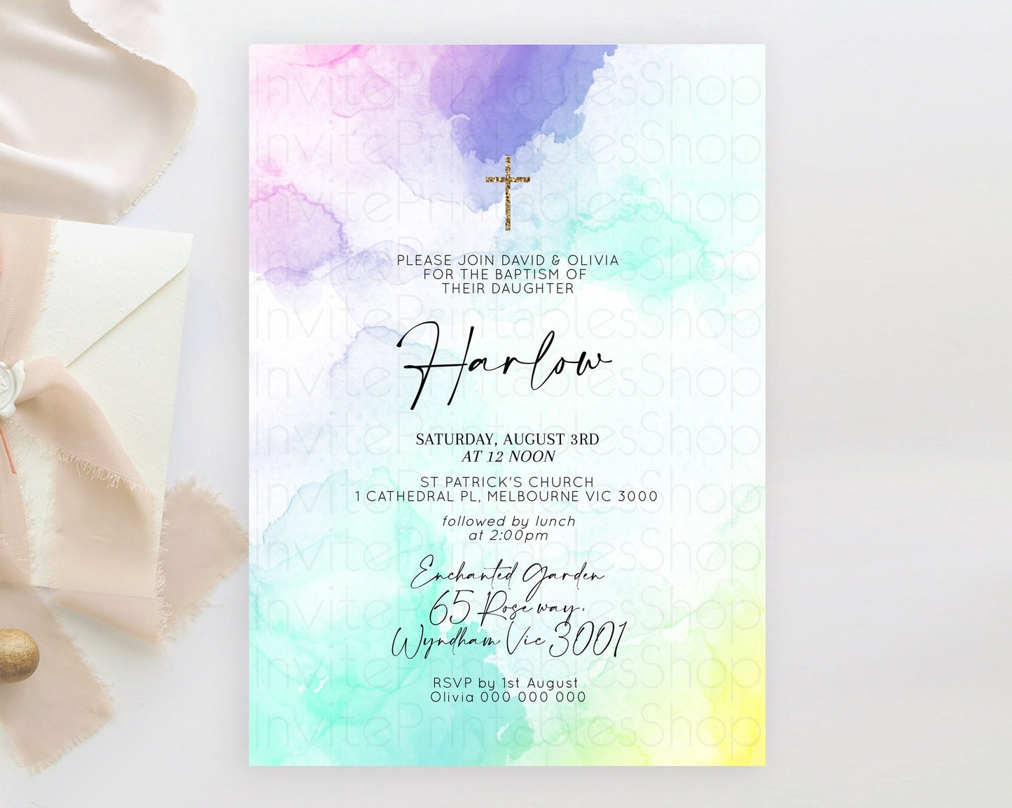 Pastel Baptism Invitation Pastel Colors Watercolor Baptism 1st Birthday Party Gold Ombre Pastel Rainbow Christening Holy Communion D10157