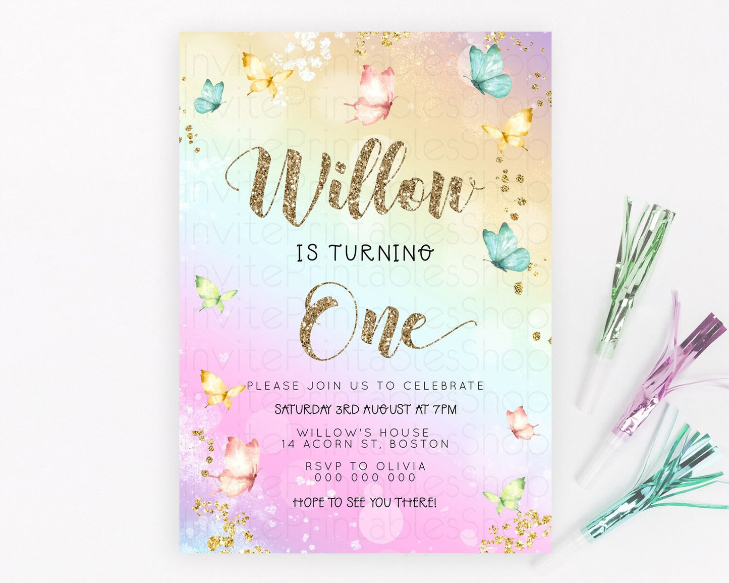 Pastel Butterfly Birthday Invitation Butterfly Birthday Invitation Colorful Splash Glitter Butterfly Garden 1st 2nd Birthday D23084
