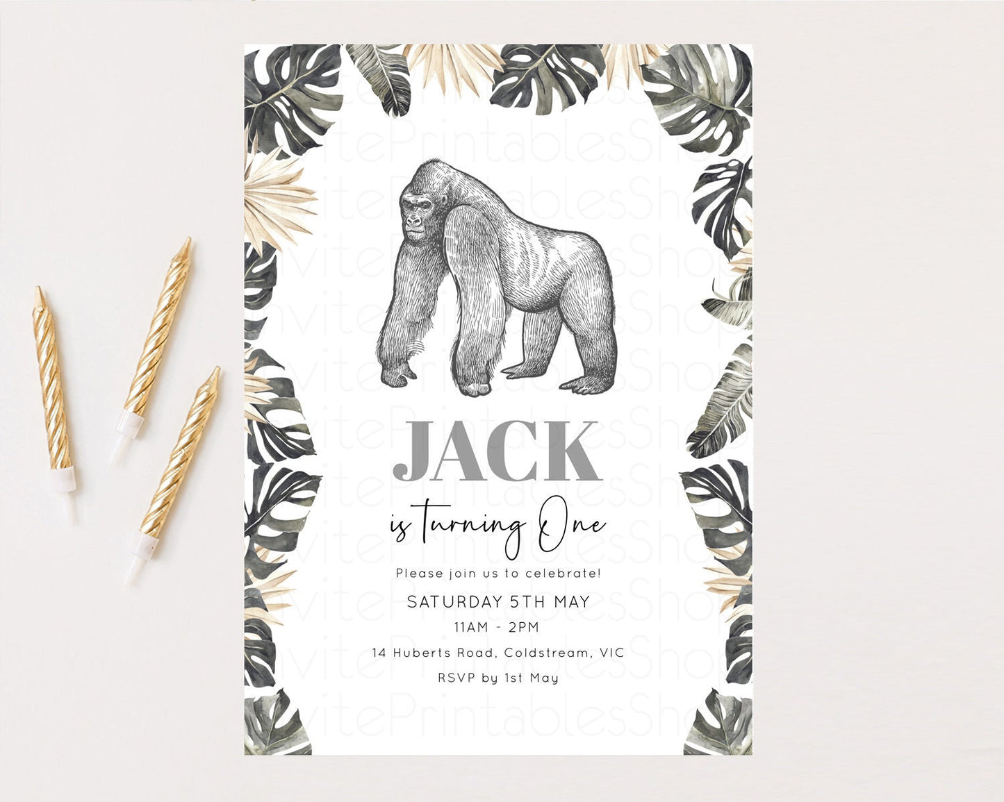 Editable Gorilla Birthday Invitation Gorilla Invitation Tropical Palms Invit