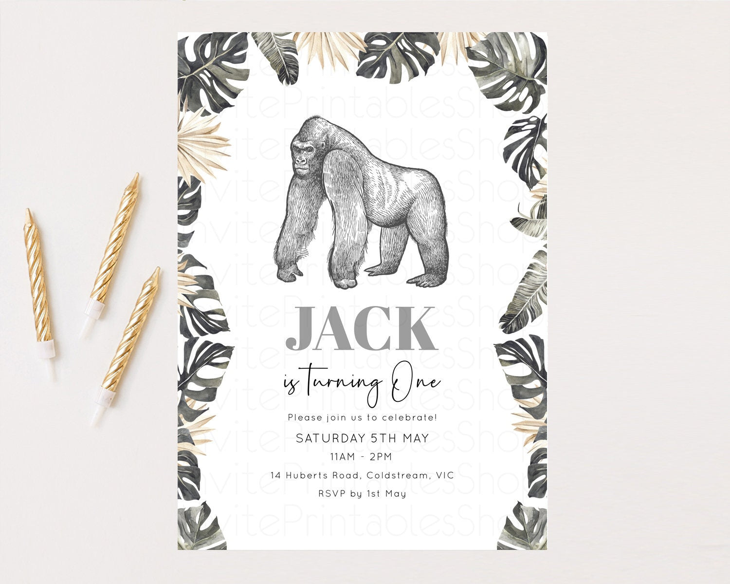 Editable Gorilla Birthday Invitation Gorilla Invitation Tropical Palms Invit