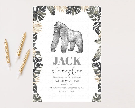 Editable Gorilla Birthday Invitation Gorilla Invitation Tropical Palms Invit