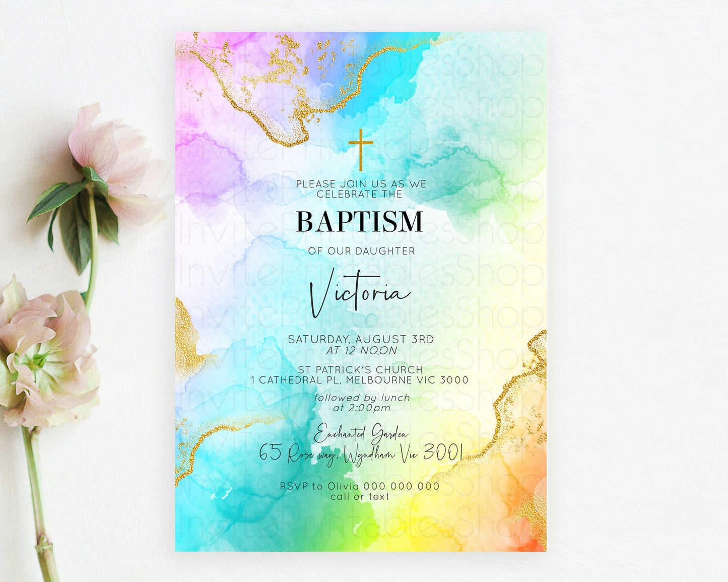 Pastel Baptism Invitation Pastel Colors Watercolor Baptism 1st Birthday Party Gold Ombre Pastel Rainbow Christening Holy Communion D10393