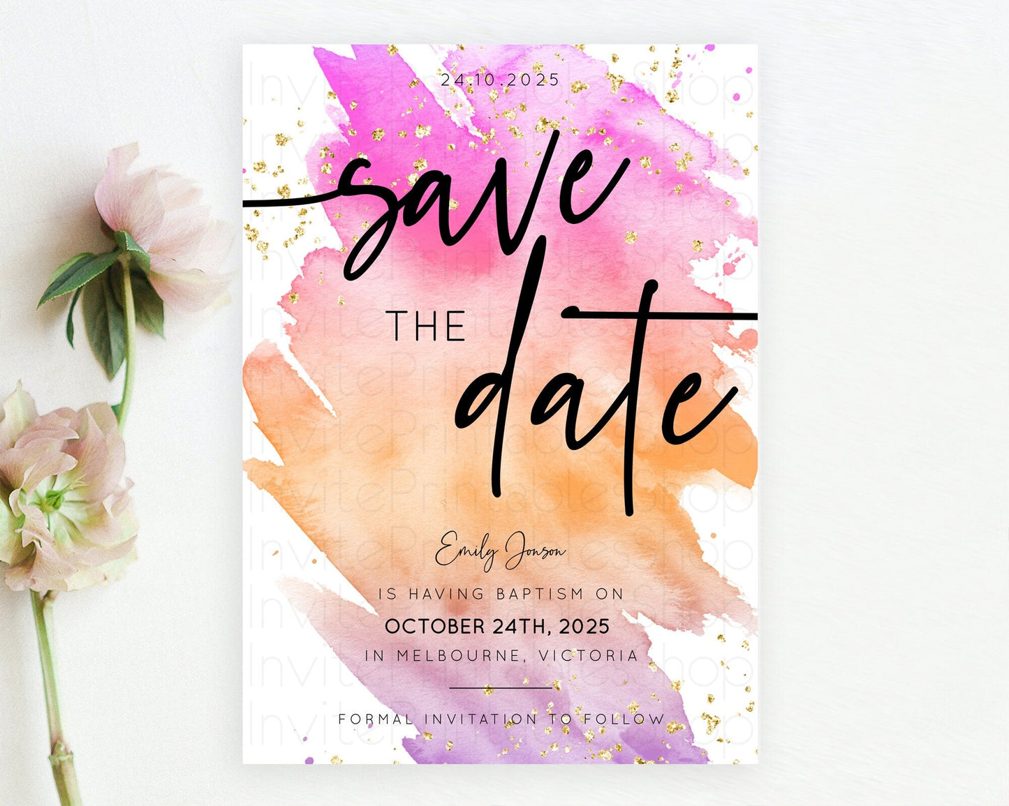 Pastel Save The Date Template Pastel Ombre Rainbow Watercolor Colorful Party For Birthday Baptism Baby Shower Wedding Bridal Shower D10488