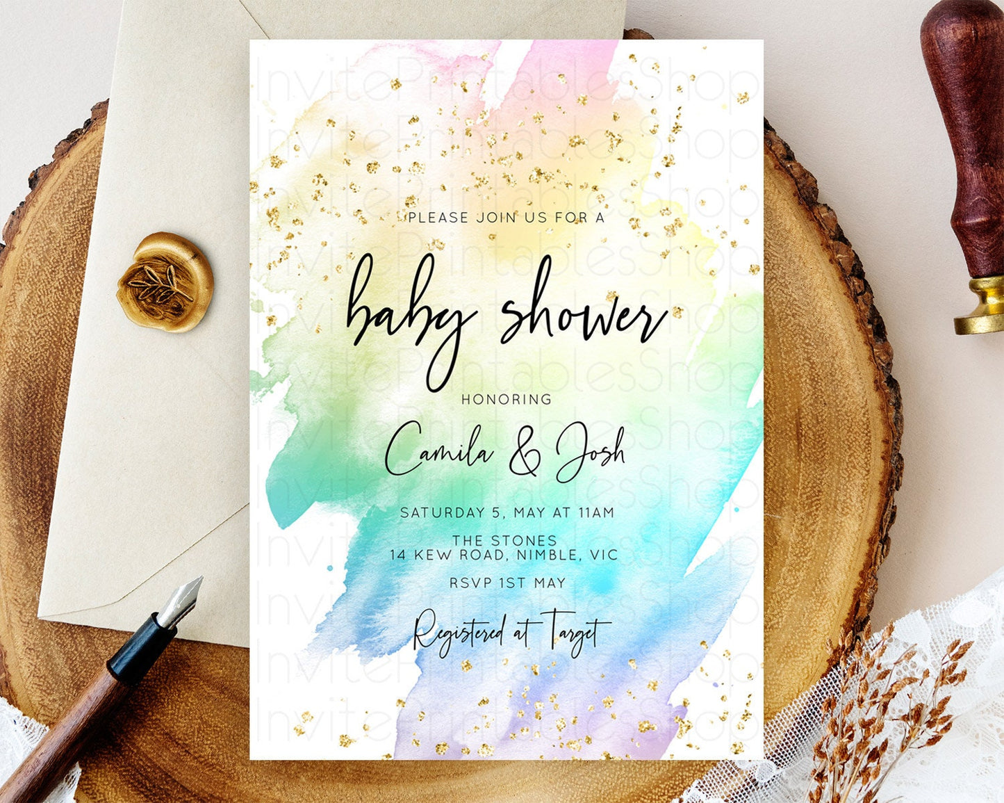 Pastel Rainbow Baby Shower Invitation, Colorful Watercolor with Gold Glitter Sprinkles Ombre Effect Pink, Yellow, Blue, Green, Purple D10256