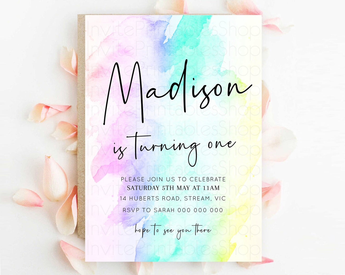 Rainbow Birthday Invitation Colorful Pastel Watercolor Invitation Gold Glitter Sprinkles Ombre Pastel 1st 2nd 3rd Birthday D10231