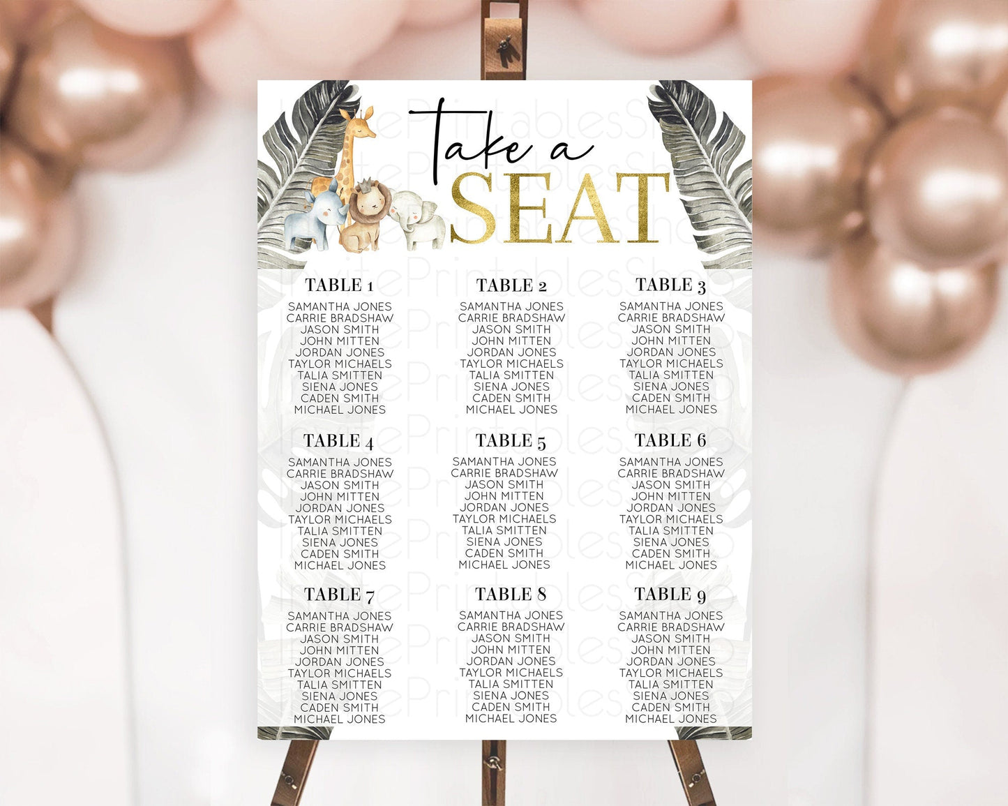 Safari Seating Chart Lion Gorilla Elephant Rhino Tropical Palm Decor Jungle Safari Adventure Zoo Take A Seat Sign D10599