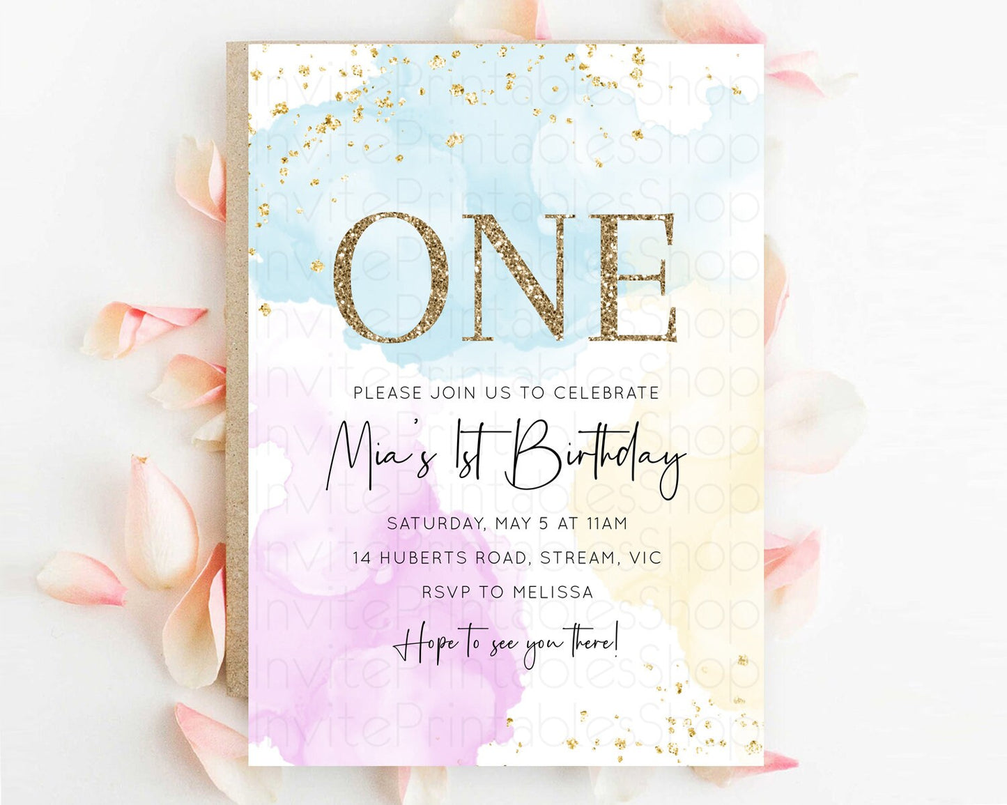 Rainbow Birthday Invitation Colorful Pastel Watercolor Invitation Gold Glitter Sprinkles Ombre Pastel 1st 2nd 3rd Birthday D10155