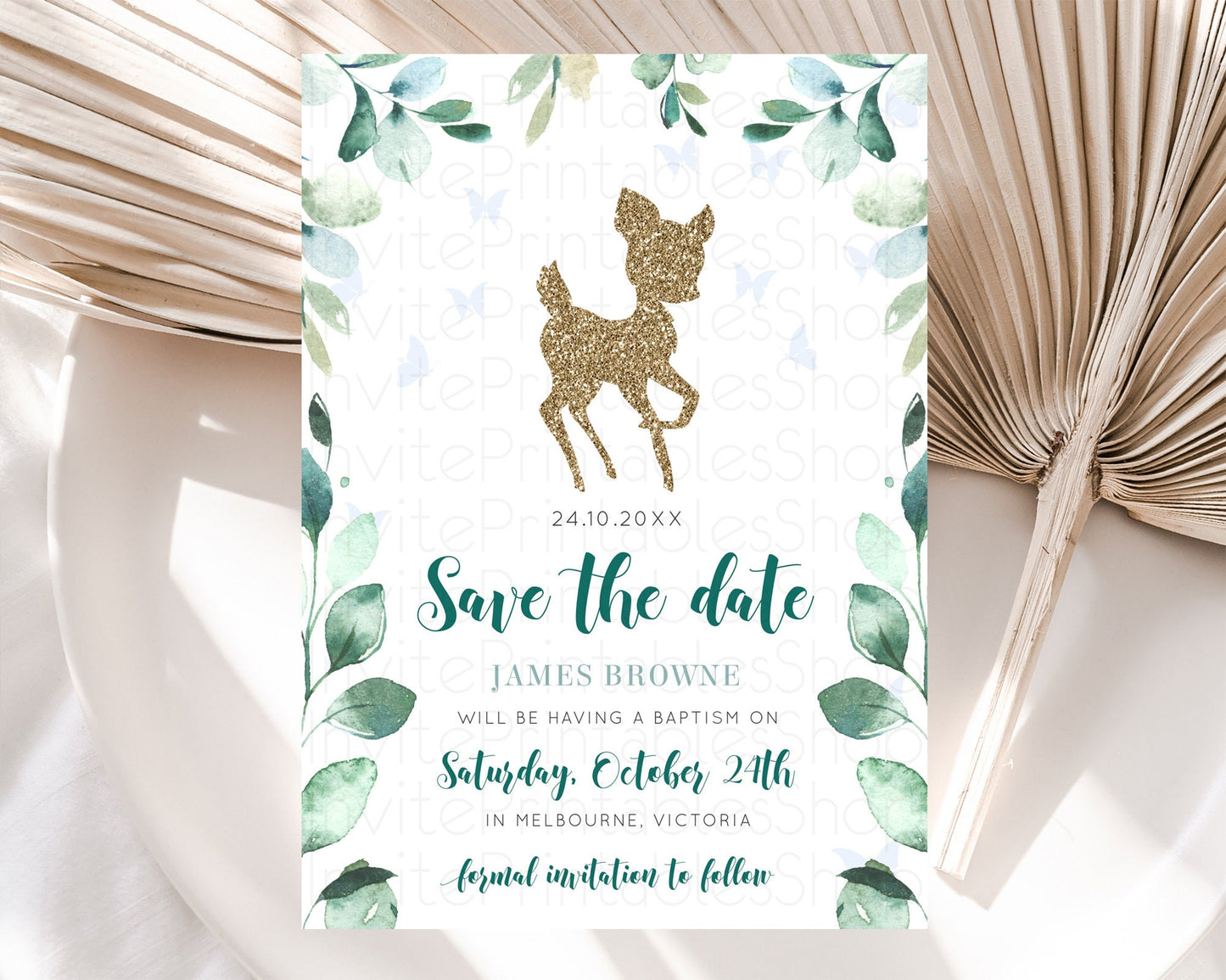 Fawn Deer Save The Date Template Pastel Floral Deer Enchanted Forest Butterfly Party 1st Birthday Baptism Baby Shower Bridal Shower D10882