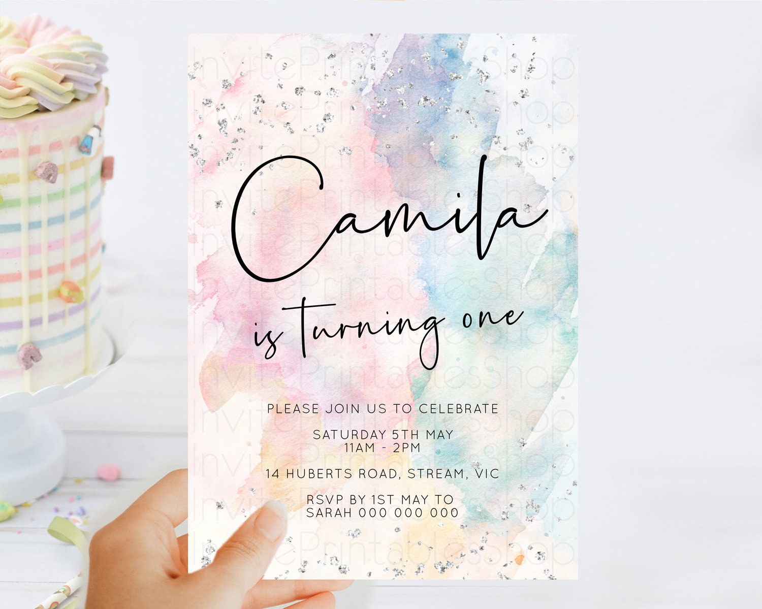 Editable Rainbow Birthday Invitation Colorful Pastel Watercolor Silver Glitt