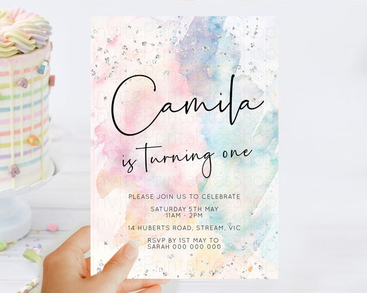 Editable Rainbow Birthday Invitation Colorful Pastel Watercolor Silver Glitt