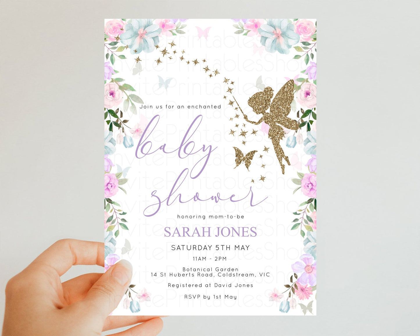 Fairy Baby Shower Invitation Fairy Garden Baby Shower Invitation Enchanted Garden Baby Shower Secret Garden Glitter Pastel Floral D10475