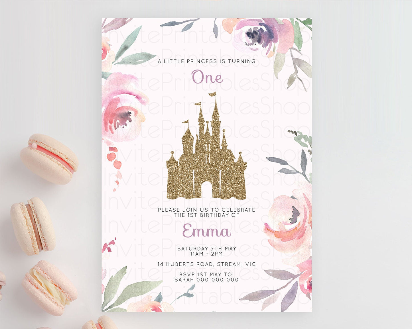 Princess Birthday Invitation Castle Invitation Royal Birthday Fairy Tale Enchanted Castle Pastel Floral Garden 1st First Birthday D10195