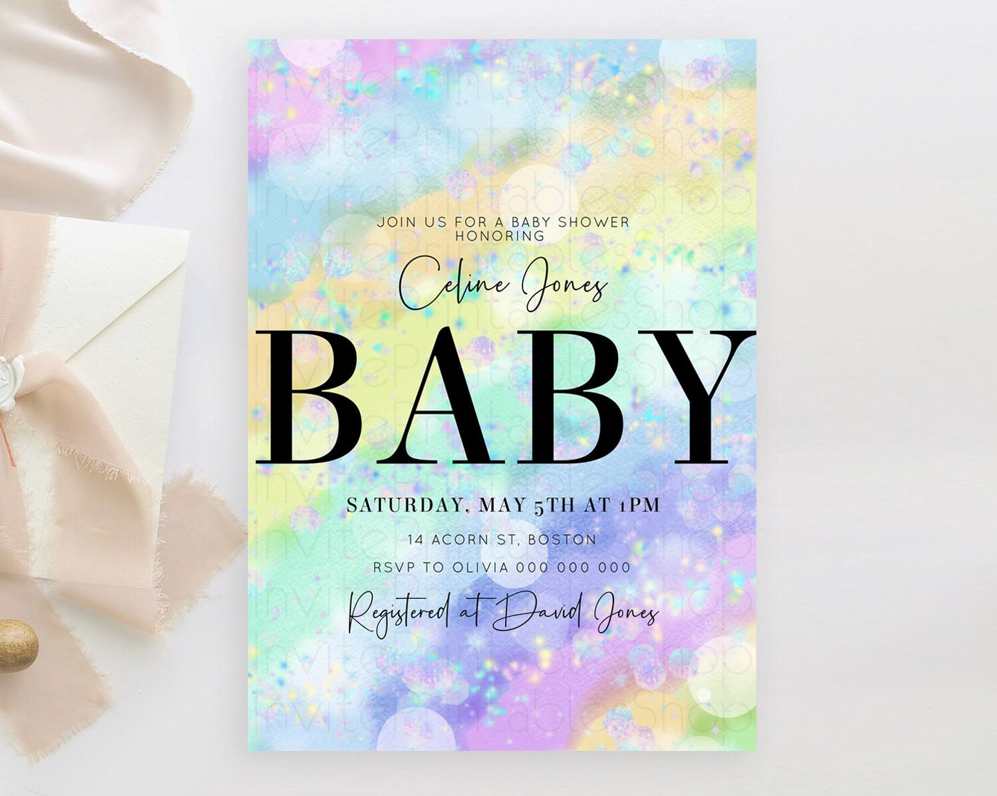 Rainbow Baby Shower Invitation Pastel Rainbow Baby Invitation Pastel Watercolor Invitation Colorful Ombre Sprinkle Shower D10689