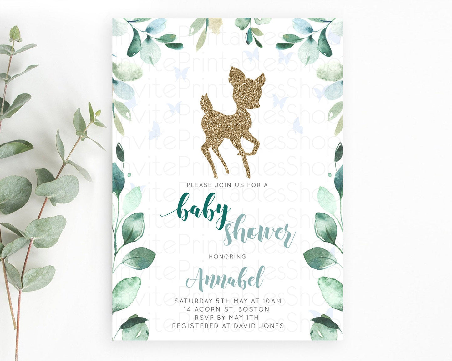 Deer Baby Shower Invitation, Woodland, Whimsical Fawn with Butterflies, Lush Greenery, Magic Glitter, Organic Leafy Vine Green Tones D10882