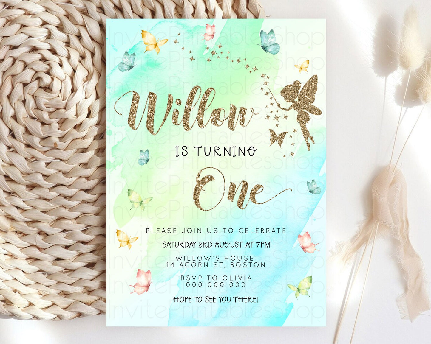 Pastel Fairy Birthday Invitation Pastel Butterflies Fairy Birthday Invitation Rainbow Ombre Watercolor 1st 2nd Birthday Invitation D23334