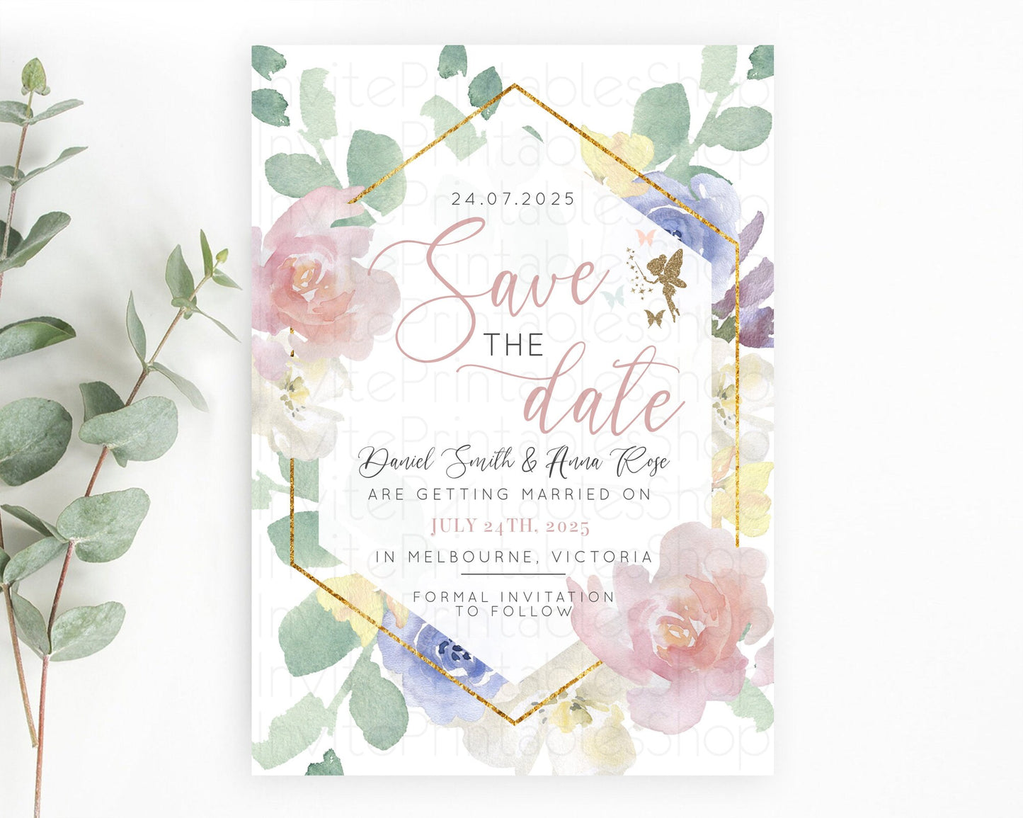 Fairy Save The Date Template Enchanted Garden Pastel Floral Butterfly Party Secret Garden Birthday Baptism Baby Shower Bridal Shower D10294