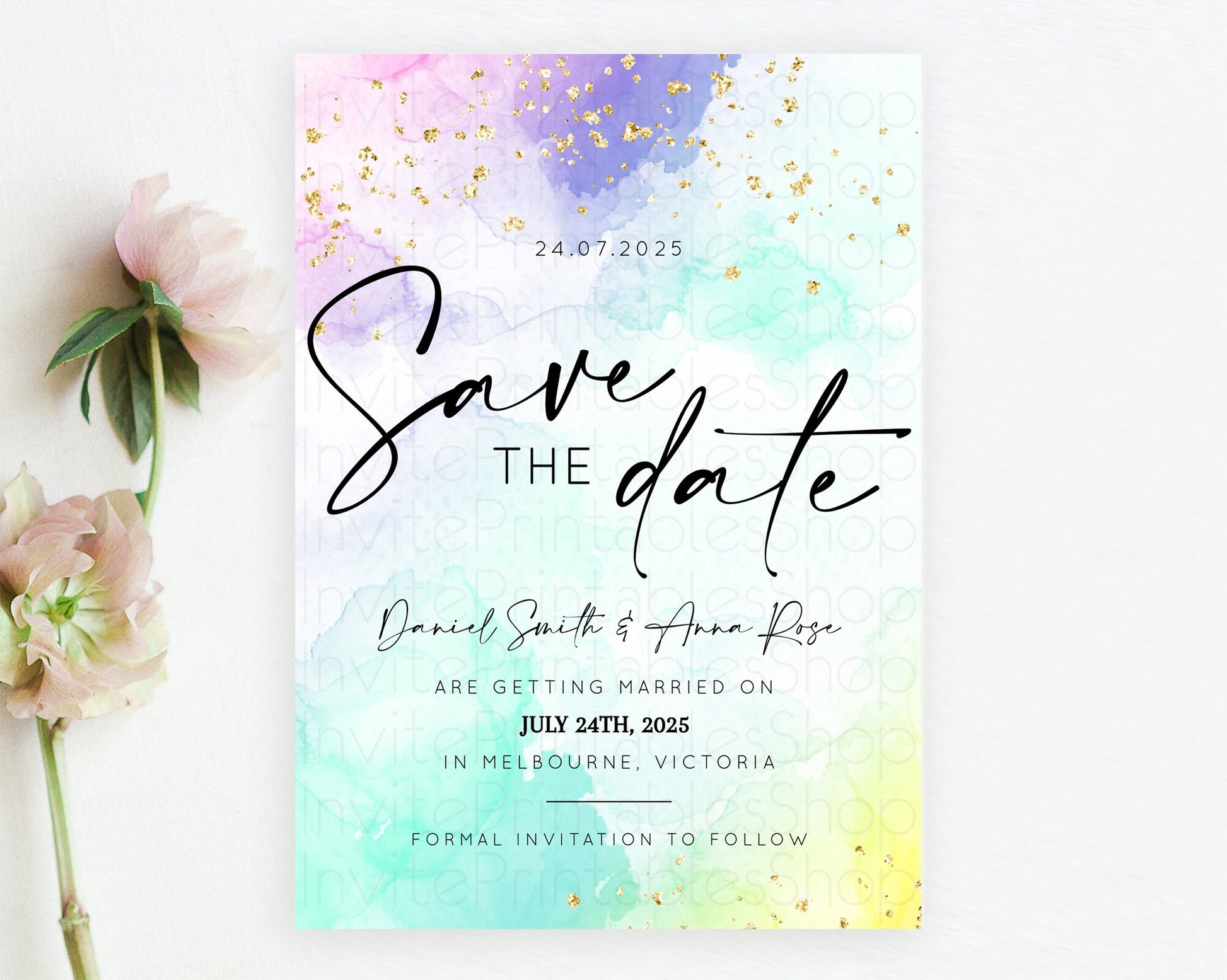 Editable Pastel Save The Date Template Pastel Ombre Rainbow Watercolor Color